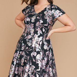 FOIL FLORAL PRINT FIT & FLARE DRESS